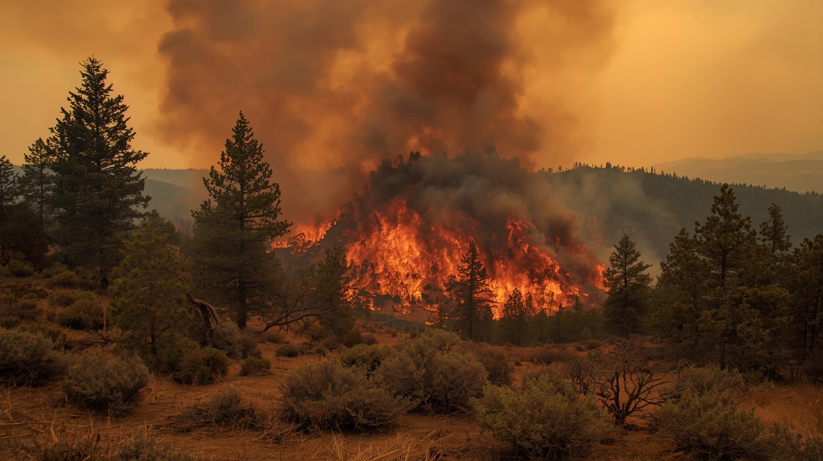 Wildfire smoke over forest landscape